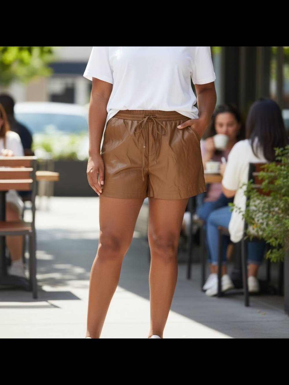 Heyson Casual Brown Faux‎ Leather Drawstring Women’s Shorts